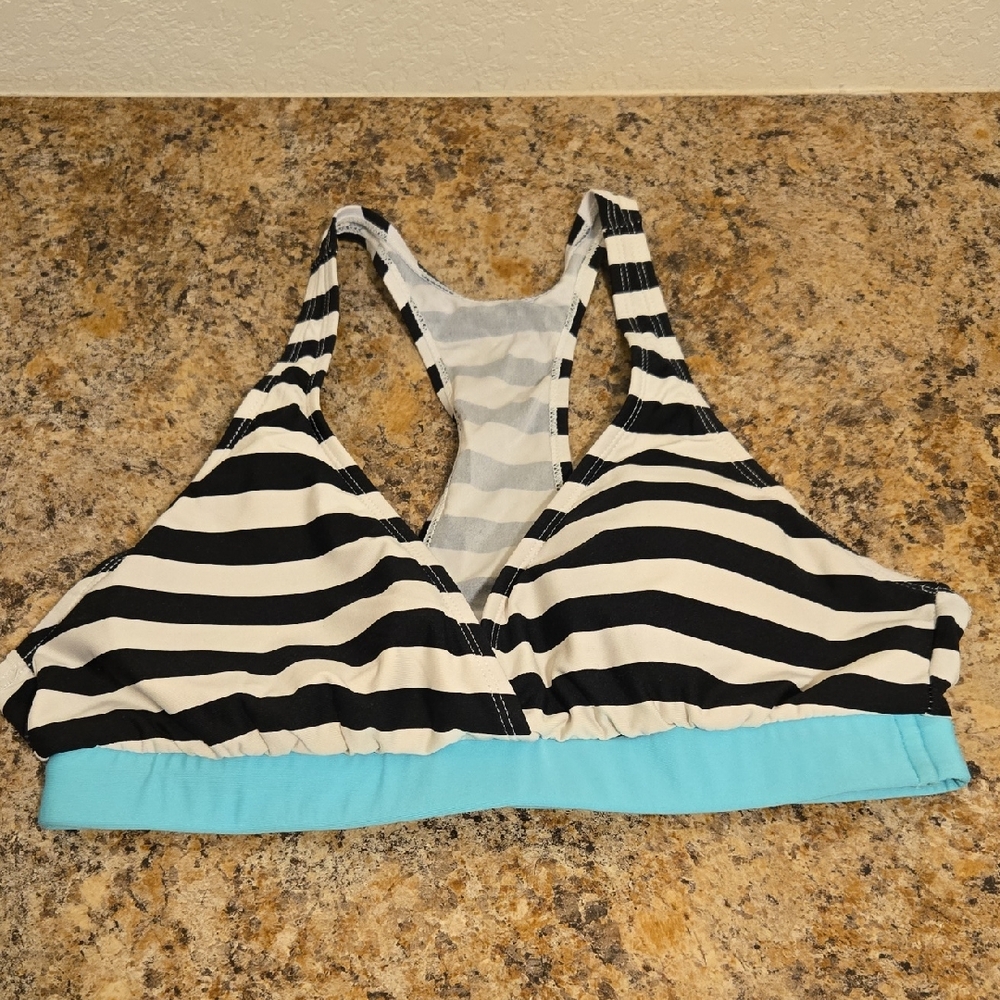 Black and White Striped Racerback Swim Top with Acua Color Band
